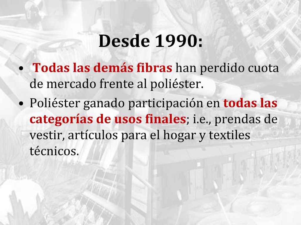 Desde 1990: Todas las demás fibras han perdido cuota de mercado frente al poliéster.