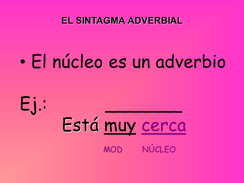 El núcleo es un adverbio Ej.: _______ Está muy cerca MOD NÚCLEO