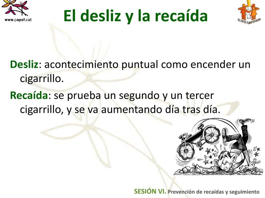 El desliz y la recaída Desliz: acontecimiento puntual como encender un cigarrillo.