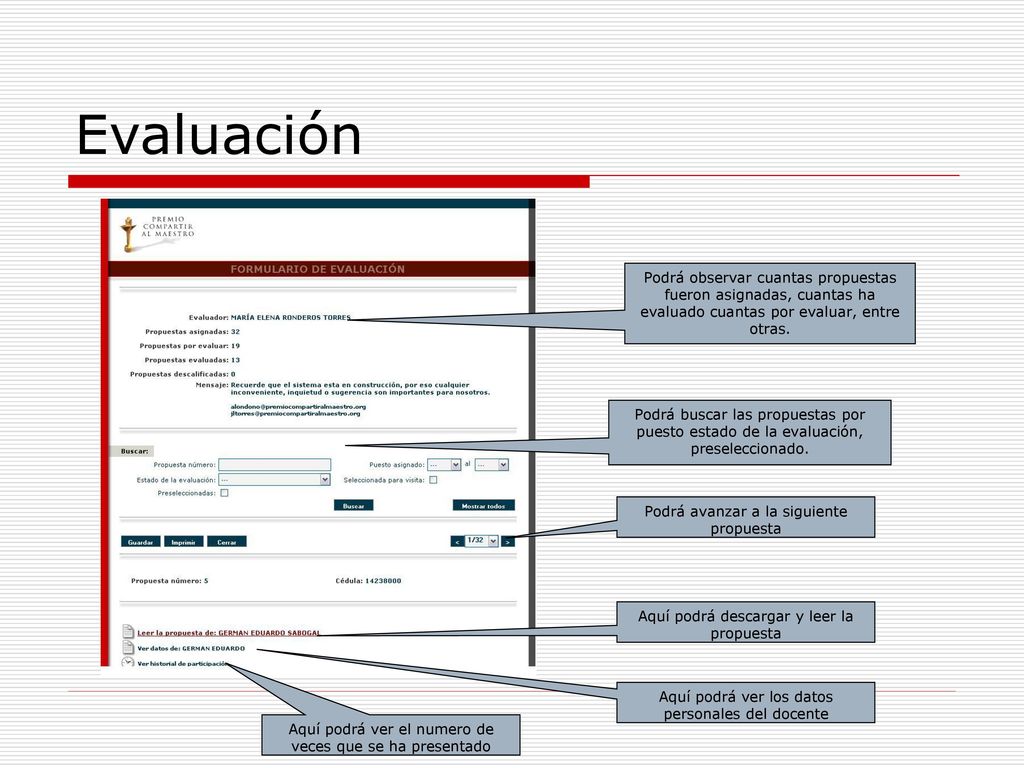 Evaluación Podrá observar cuantas propuestas fueron asignadas, cuantas ha evaluado cuantas por evaluar, entre otras.