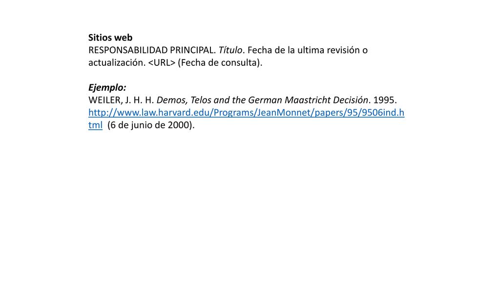 Sitios web RESPONSABILIDAD PRINCIPAL. Título. Fecha de la ultima revisión o. actualización. <URL> (Fecha de consulta).