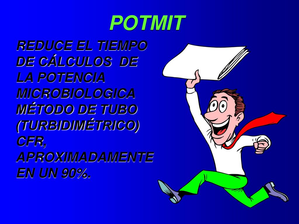 POTMIT REDUCE EL TIEMPO DE CÁLCULOS DE LA POTENCIA MICROBIOLOGICA MÉTODO DE TUBO (TURBIDIMÉTRICO) CFR, APROXIMADAMENTE EN UN 90%.