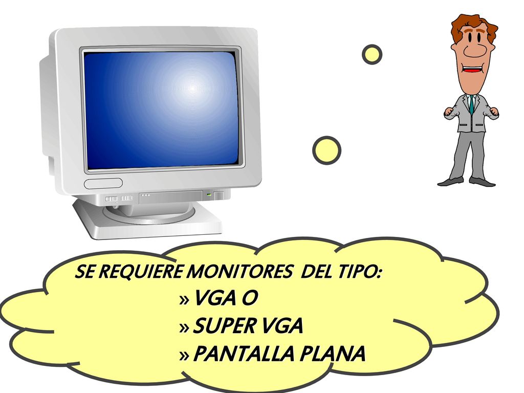 SE REQUIERE MONITORES DEL TIPO: VGA O SUPER VGA PANTALLA PLANA