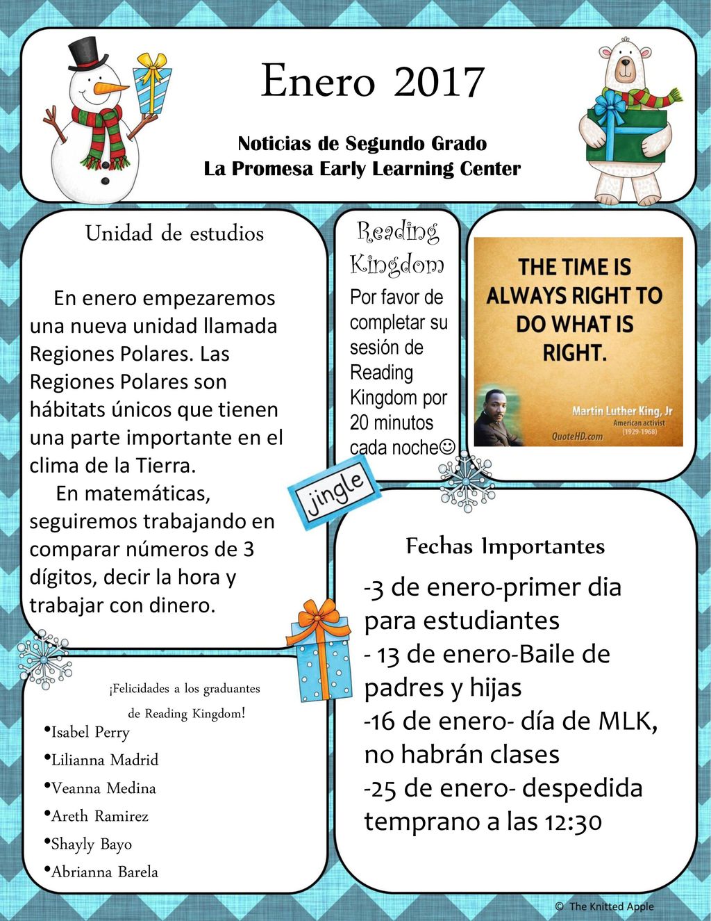 Enero 2017 Unidad de estudios Reading Kingdom Fechas Importantes