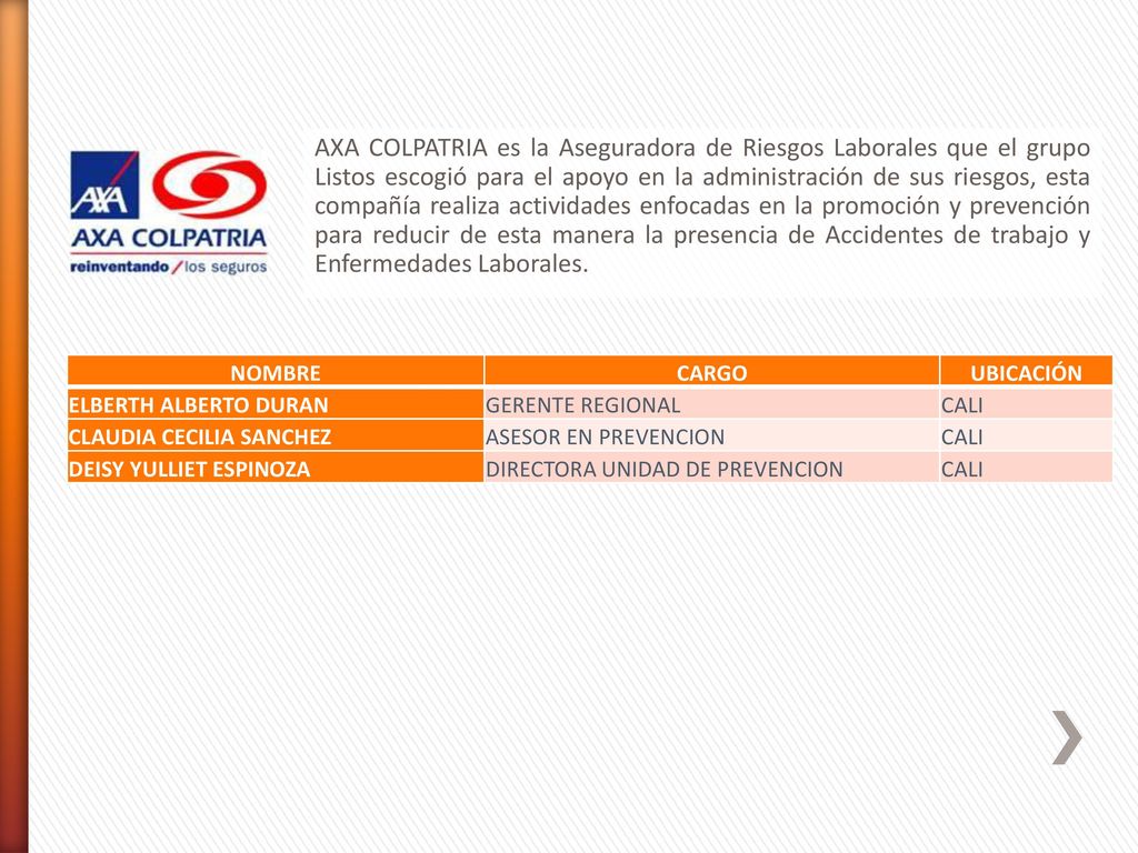 AXA COLPATRIA es la Aseguradora de Riesgos Laborales que el grupo Listos escogió para el apoyo en la administración de sus riesgos, esta compañía realiza actividades enfocadas en la promoción y prevención para reducir de esta manera la presencia de Accidentes de trabajo y Enfermedades Laborales.