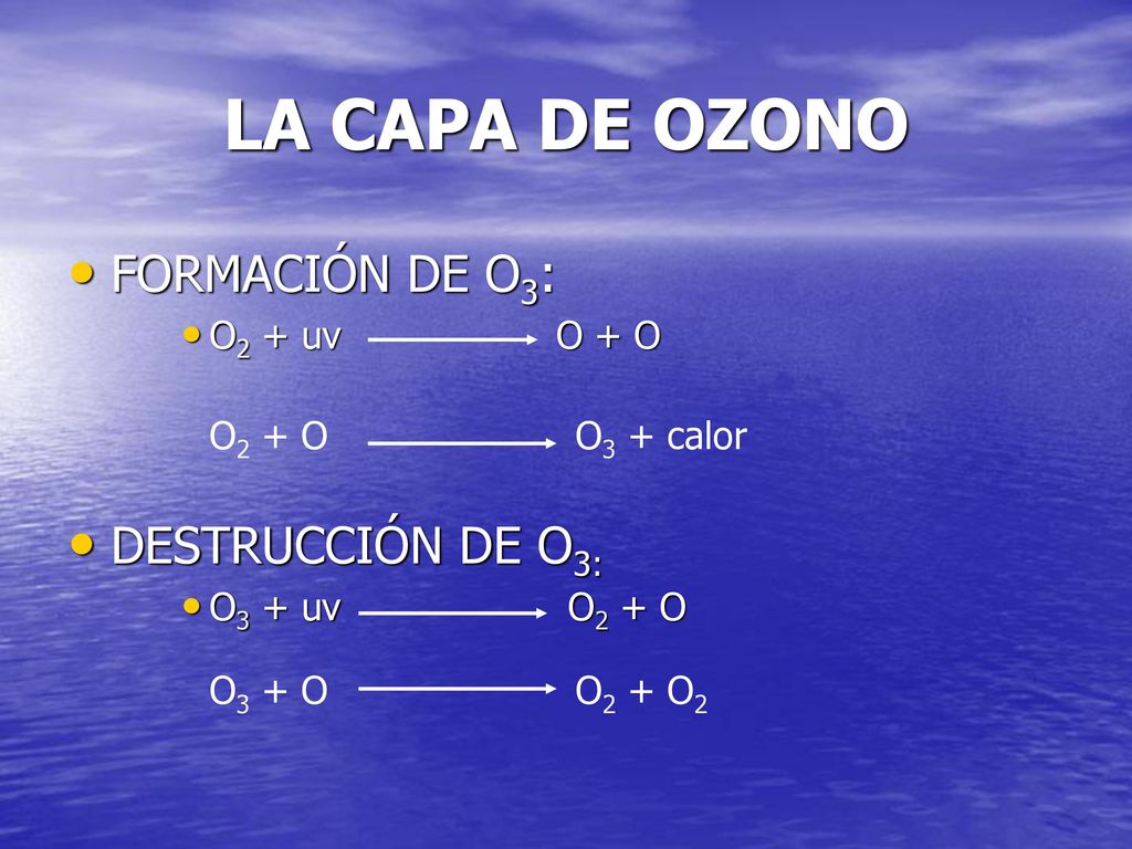 LA CAPA DE OZONO FORMACIÓN DE O3: DESTRUCCIÓN DE O3: O2 + uv O + O
