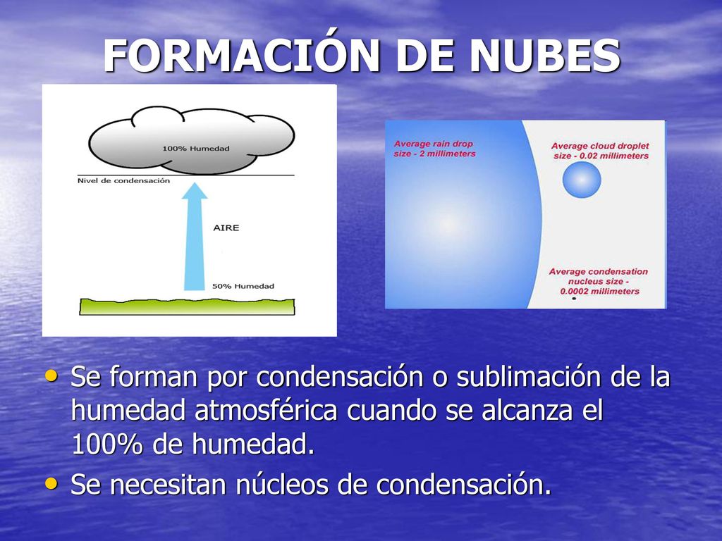 FORMACIÓN DE NUBES Se forman por condensación o sublimación de la humedad atmosférica cuando se alcanza el 100% de humedad.