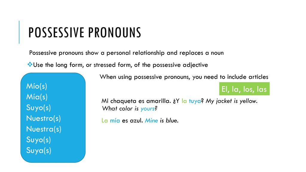 Possessive pronouns Mío(s) Mía(s) El, la, los, las Suyo(s) Nuestro(s)