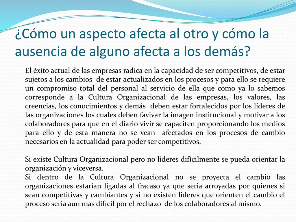 ¿Cómo un aspecto afecta al otro y cómo la ausencia de alguno afecta a los demás