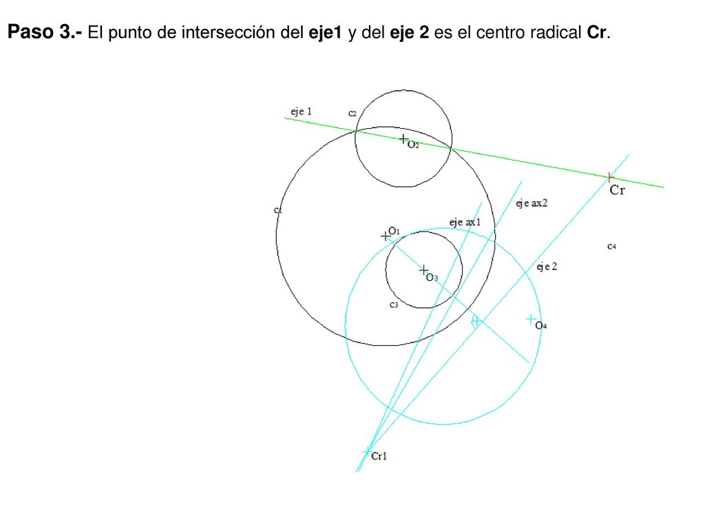 Paso 3.- El punto de intersección del eje1 y del eje 2 es el centro radical Cr.