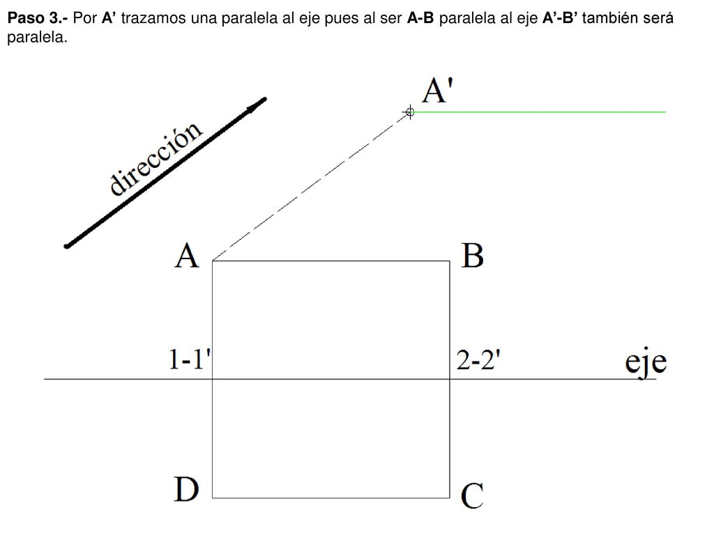 Paso 3.- Por A’ trazamos una paralela al eje pues al ser A-B paralela al eje A’-B’ también será paralela.