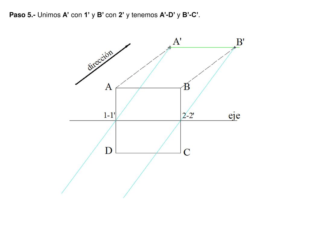 Paso 5.- Unimos A’ con 1’ y B’ con 2’ y tenemos A’-D’ y B’-C’.