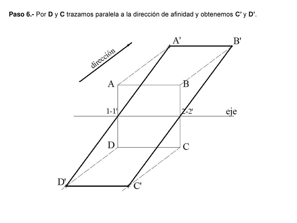 Paso 6.- Por D y C trazamos paralela a la dirección de afinidad y obtenemos C’ y D’.