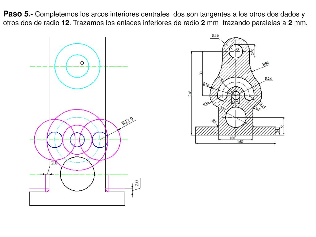 Paso 5.- Completemos los arcos interiores centrales dos son tangentes a los otros dos dados y otros dos de radio 12.