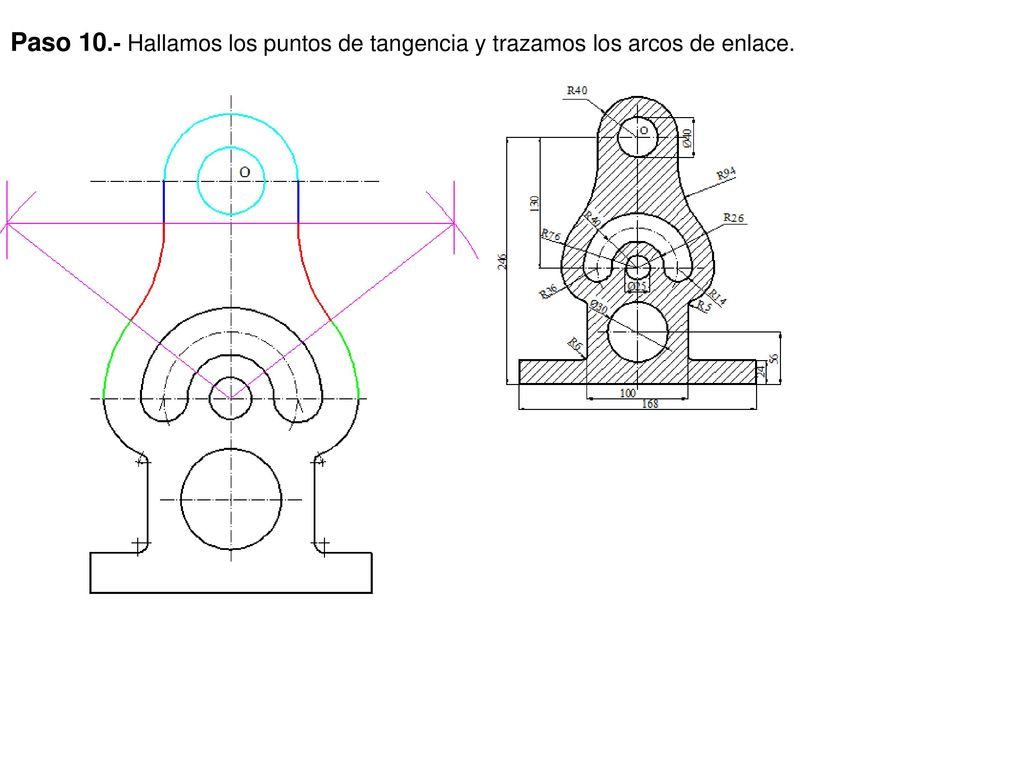 Paso 10.- Hallamos los puntos de tangencia y trazamos los arcos de enlace.