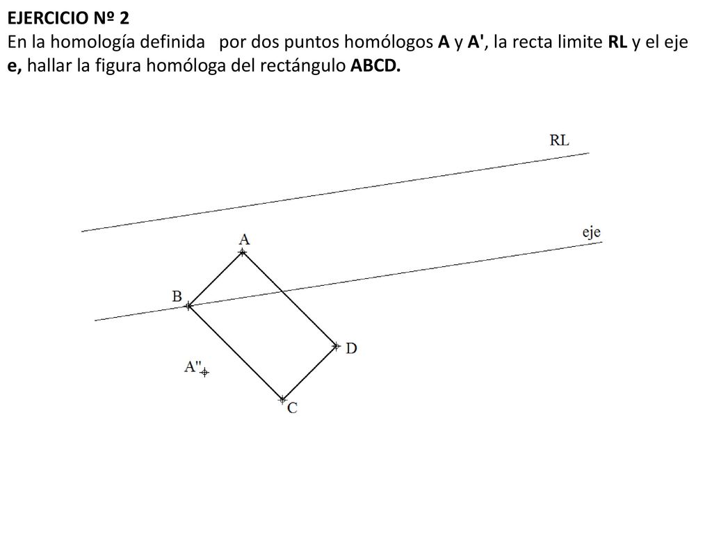 EJERCICIO Nº 2 En la homología definida por dos puntos homólogos A y A , la recta limite RL y el eje e, hallar la figura homóloga del rectángulo ABCD.