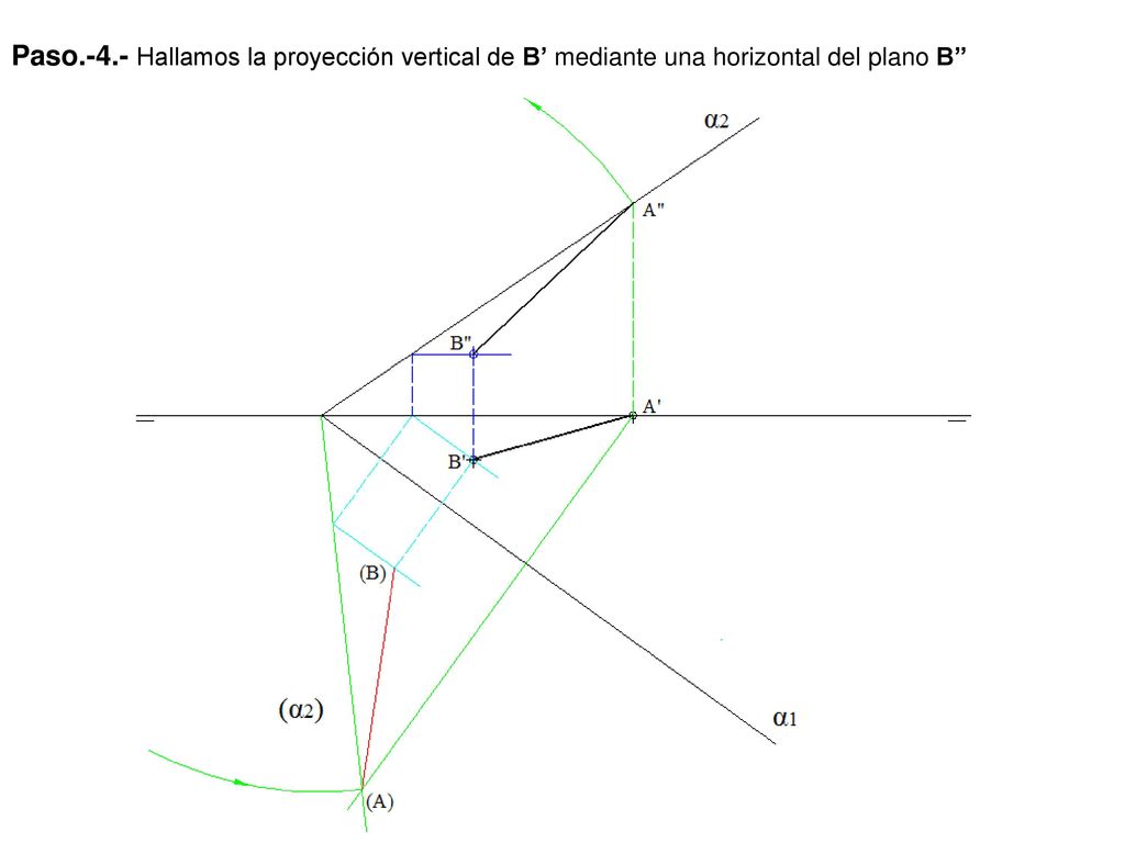 Paso.-4.- Hallamos la proyección vertical de B’ mediante una horizontal del plano B’’