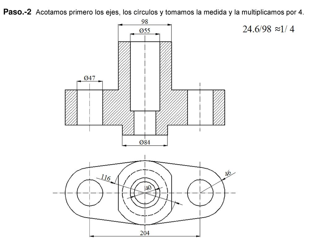 Paso.-2 Acotamos primero los ejes, los círculos y tomamos la medida y la multiplicamos por 4.