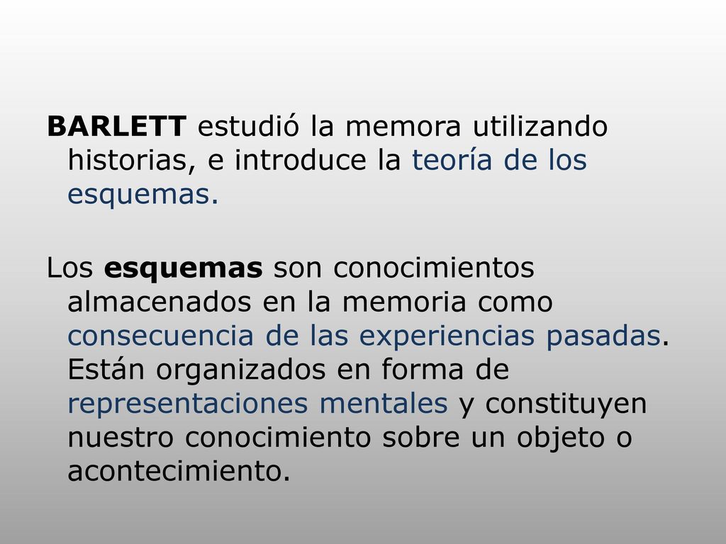 BARLETT estudió la memora utilizando historias, e introduce la teoría de los esquemas.
