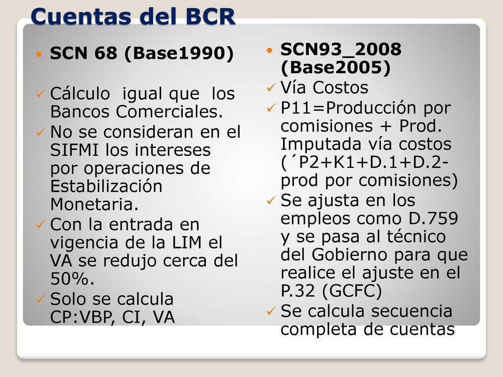 Cuentas del BCR SCN93_2008 (Base2005) SCN 68 (Base1990) Vía Costos