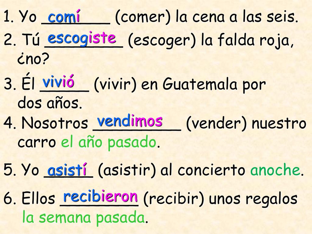 1. Yo _______ (comer) la cena a las seis.