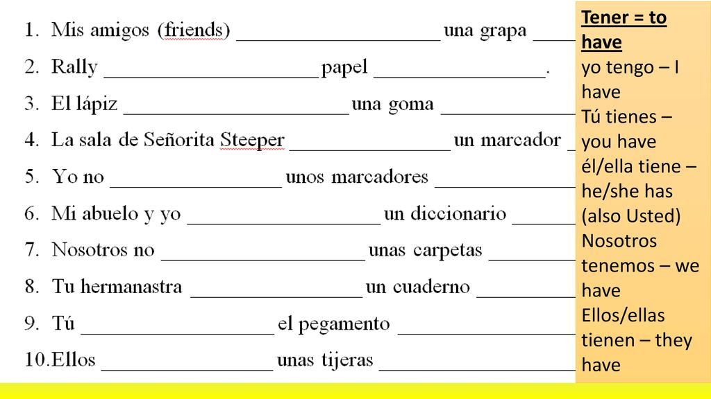 Tener = to have yo tengo – I have. Tú tienes – you have él/ella tiene – he/she has (also Usted) Nosotros tenemos – we have.