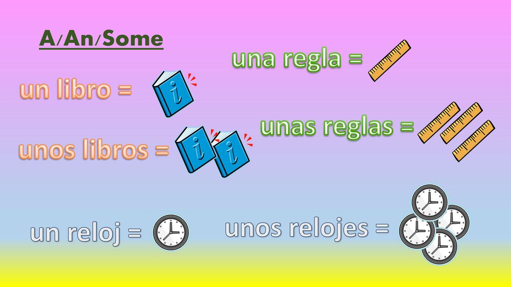una regla = un libro = unas reglas = unos libros = unos relojes =