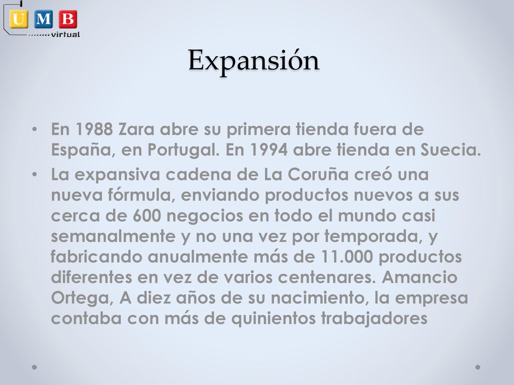 Expansión En 1988 Zara abre su primera tienda fuera de España, en Portugal. En 1994 abre tienda en Suecia.