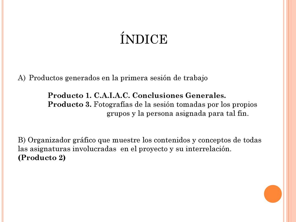 ÍNDICE Productos generados en la primera sesión de trabajo