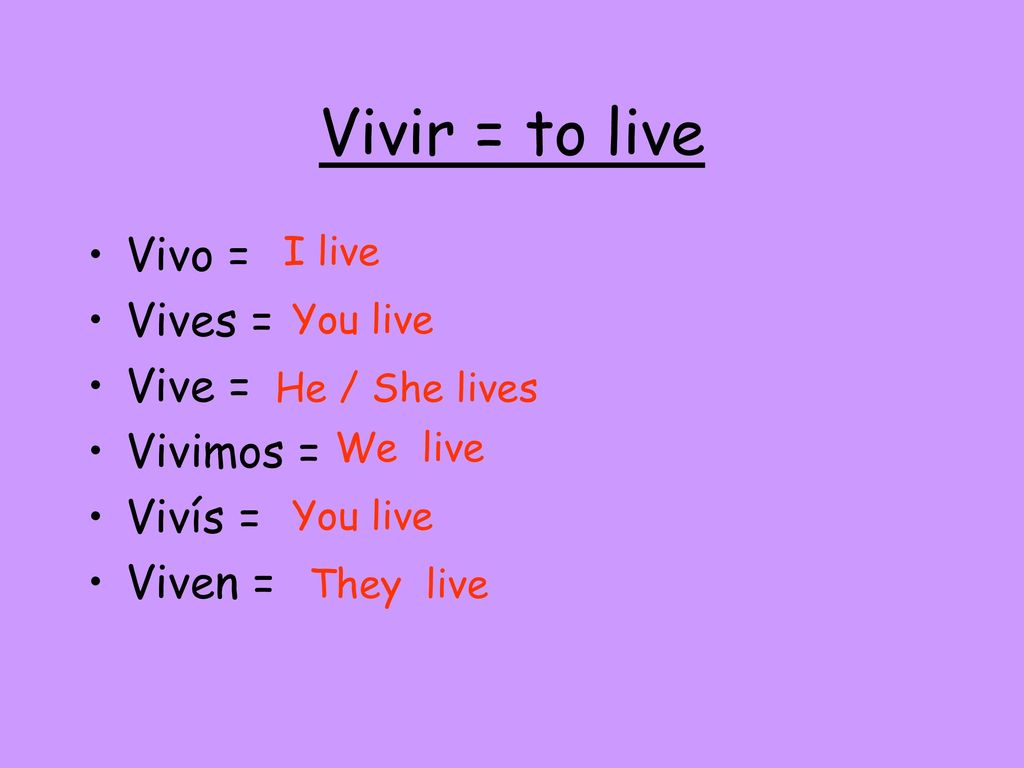 Vivir = to live Vivo = Vives = Vive = Vivimos = Vivís = Viven = I live