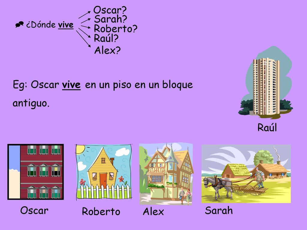 Eg: Oscar vive en un piso en un bloque antiguo.