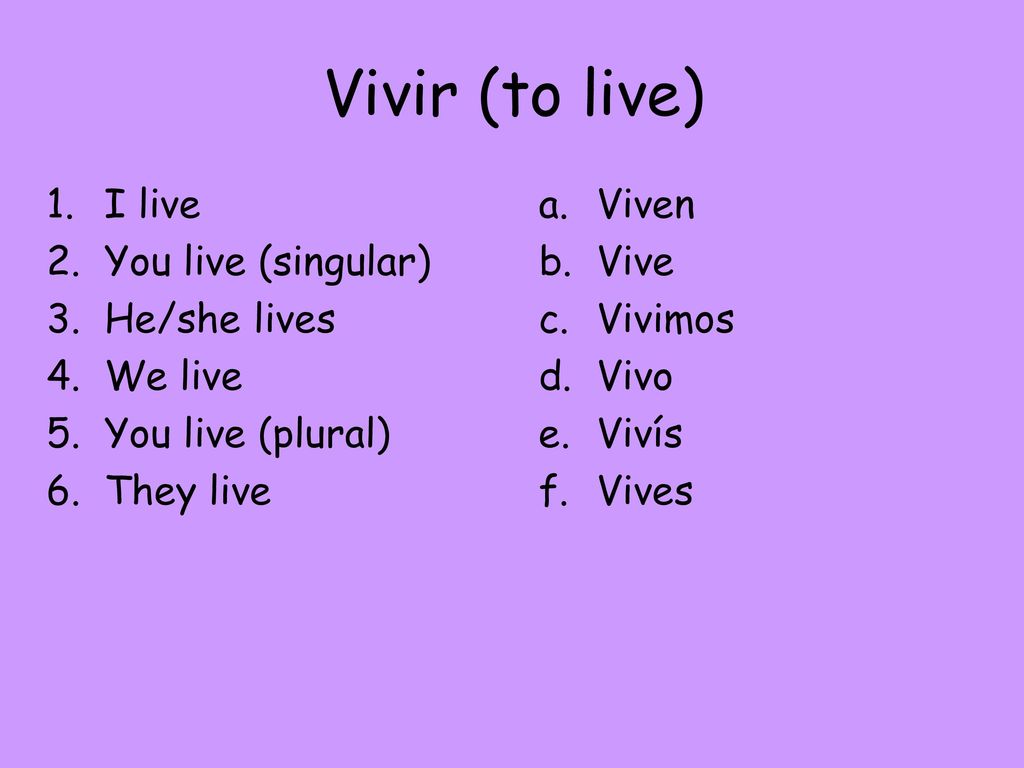 Vivir (to live) I live You live (singular) He/she lives We live