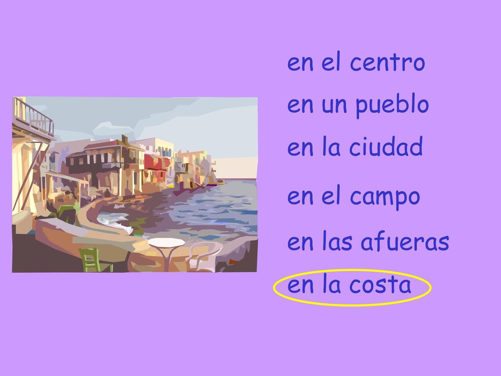 en el centro en un pueblo en la ciudad en el campo en las afueras en la costa
