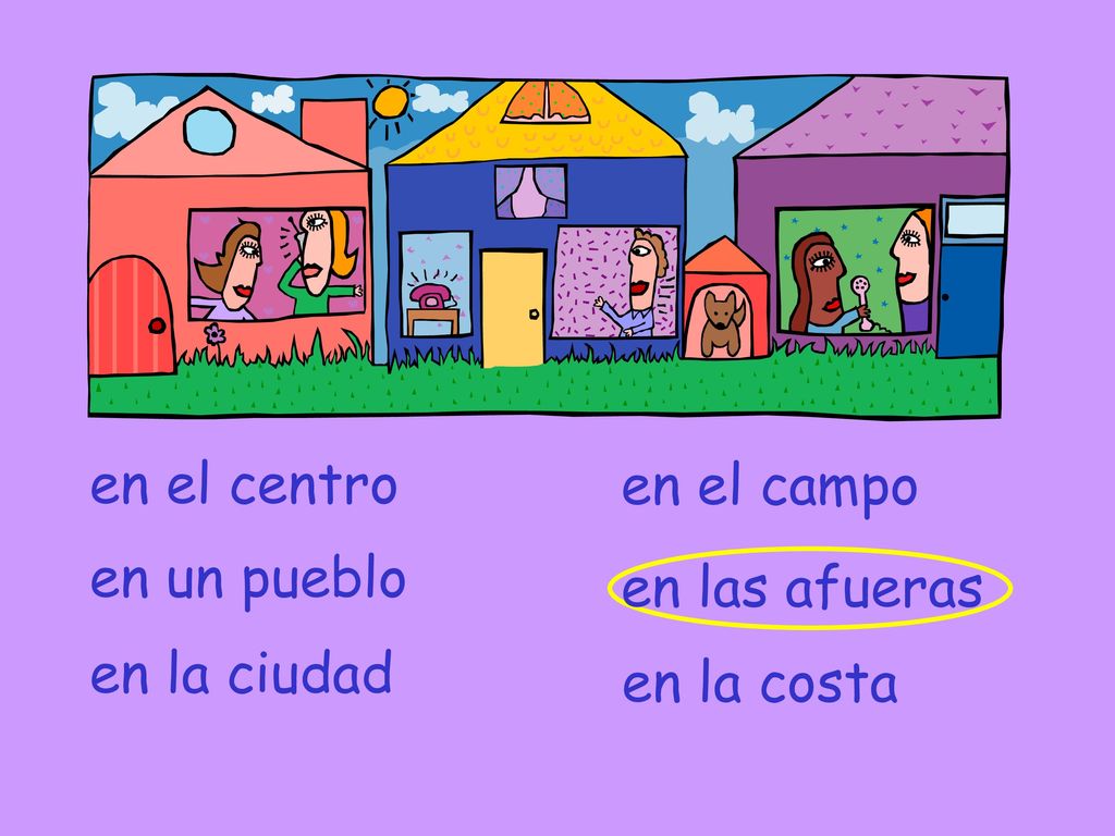 en el centro en el campo en un pueblo en las afueras en la ciudad en la costa