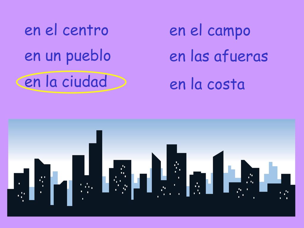 en el centro en el campo en un pueblo en las afueras en la ciudad en la costa