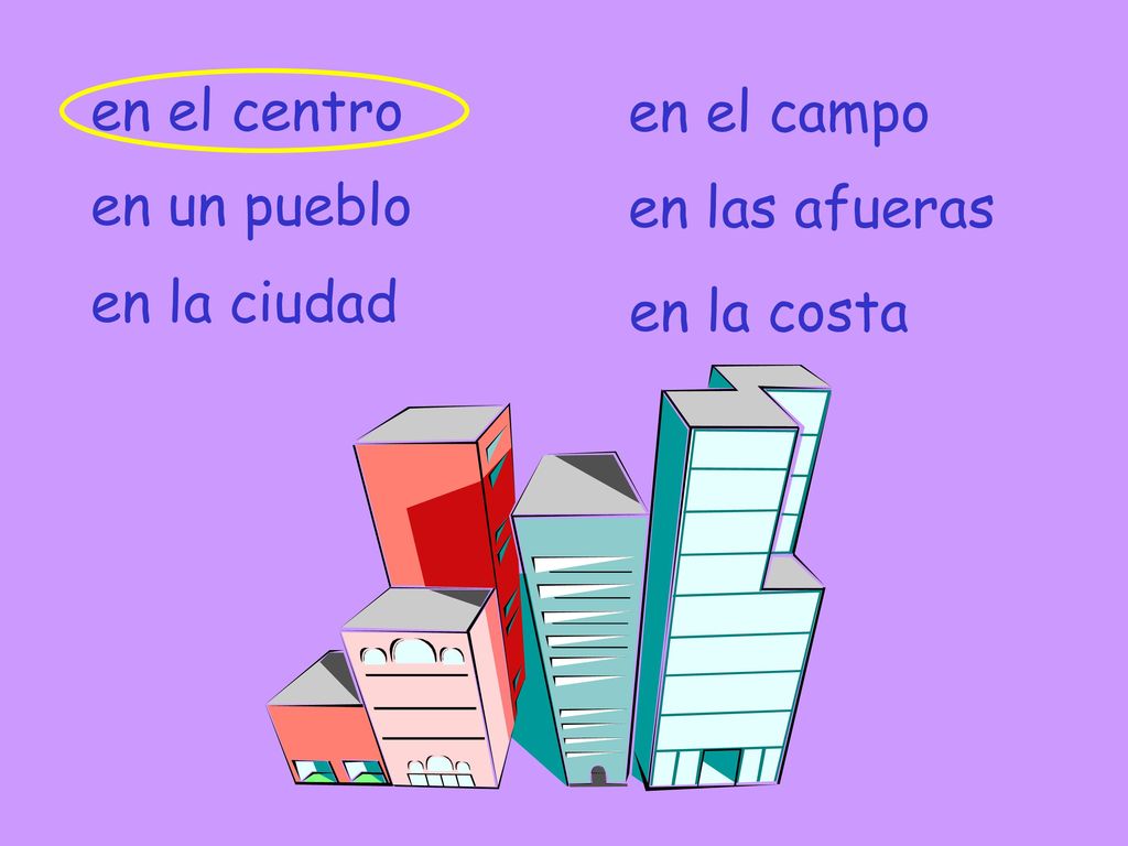 en el centro en el campo en un pueblo en las afueras en la ciudad en la costa