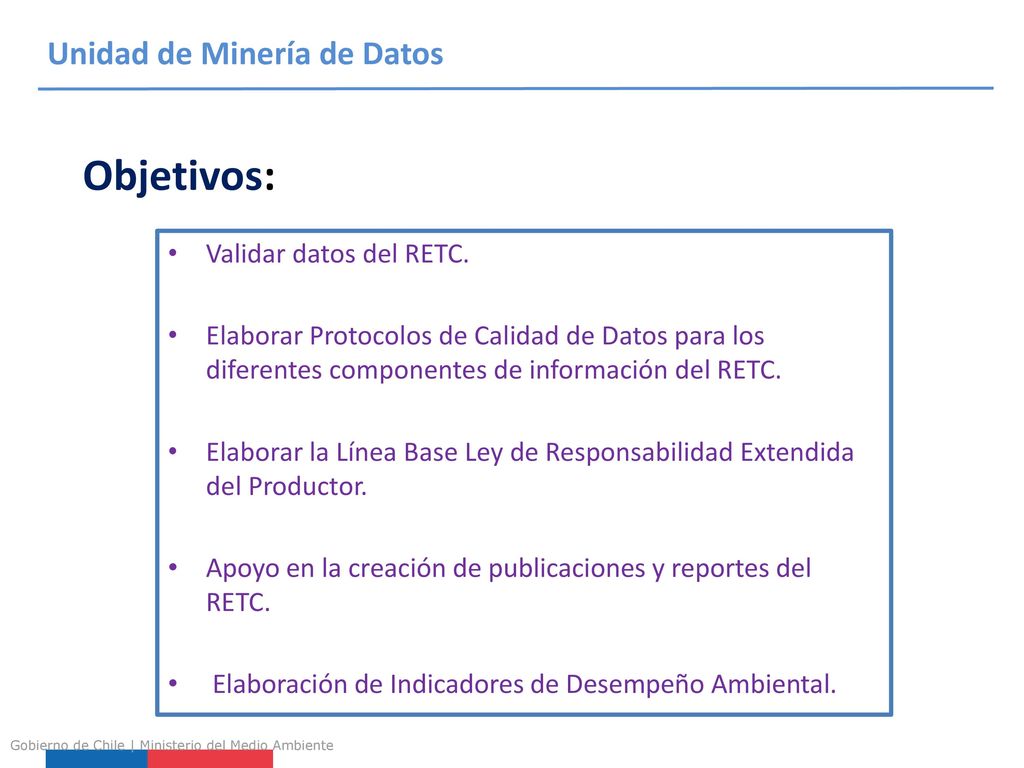 Objetivos: Unidad de Minería de Datos Validar datos del RETC.