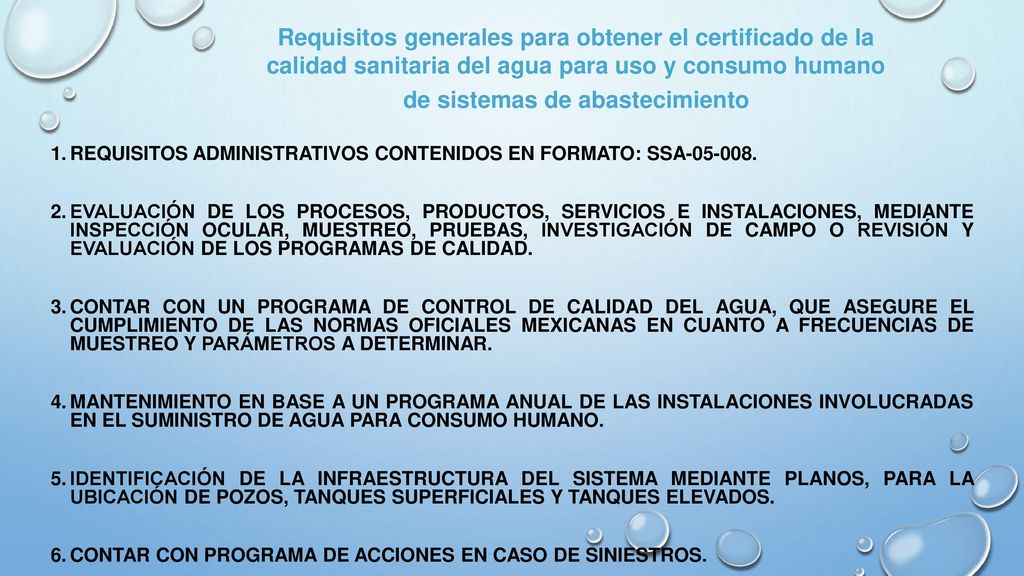 Requisitos generales para obtener el certificado de la calidad sanitaria del agua para uso y consumo humano de sistemas de abastecimiento