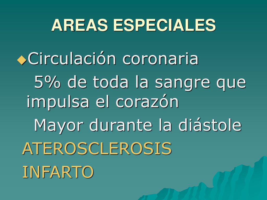AREAS ESPECIALES Circulación coronaria. 5% de toda la sangre que impulsa el corazón. Mayor durante la diástole.