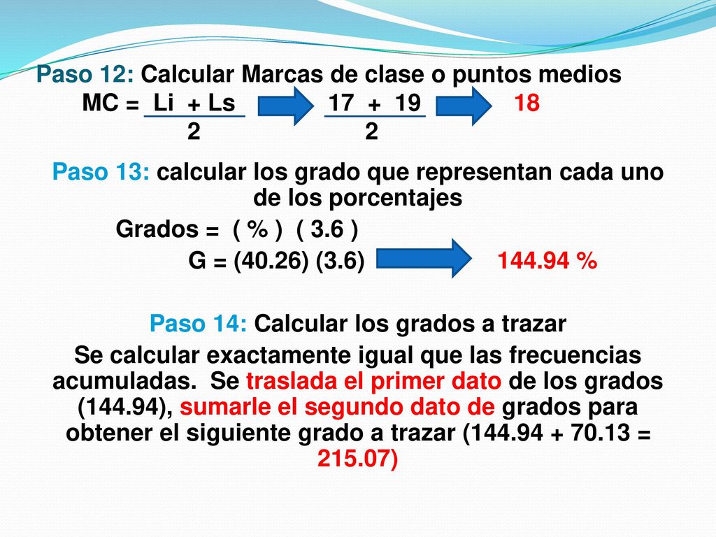 Paso 12: Calcular Marcas de clase o puntos medios MC = Li + Ls