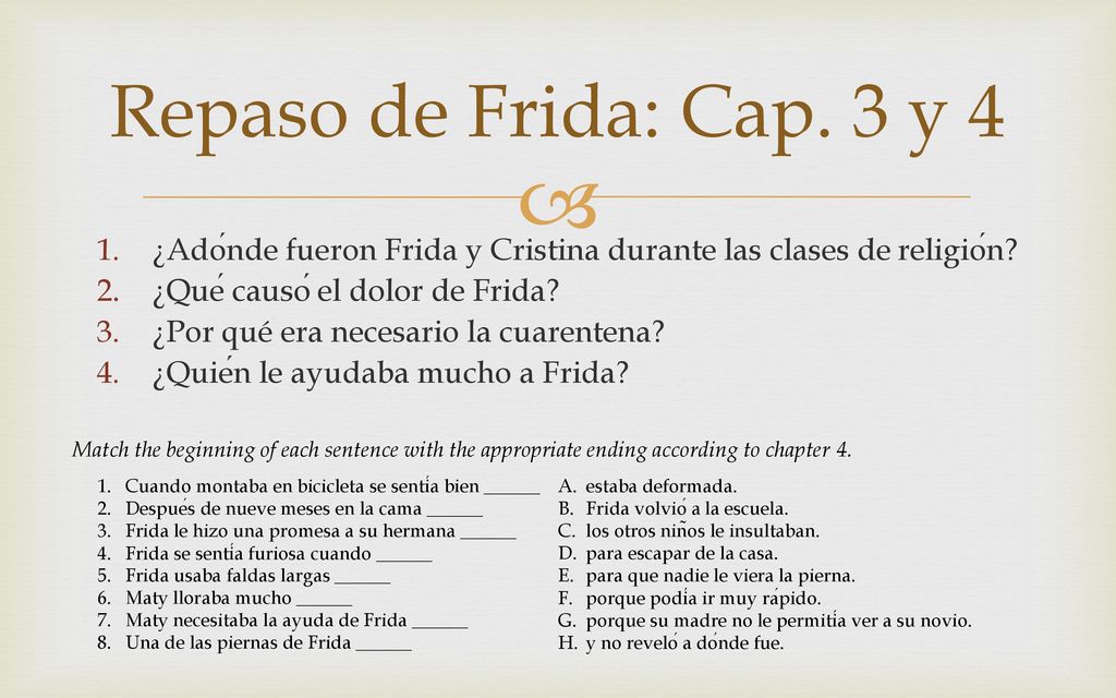 Repaso de Frida: Cap. 3 y 4 ¿Adónde fueron Frida y Cristina durante las clases de religión ¿Qué causó el dolor de Frida