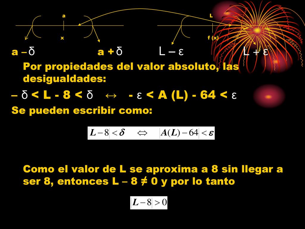 – δ < L - 8 < δ ↔ - ε < A (L) - 64 < ε