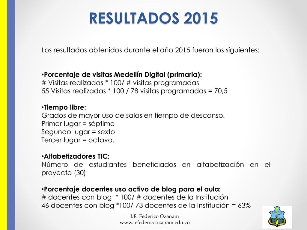 RESULTADOS 2015 Los resultados obtenidos durante el año 2015 fueron los siguientes: Porcentaje de visitas Medellín Digital (primaria):