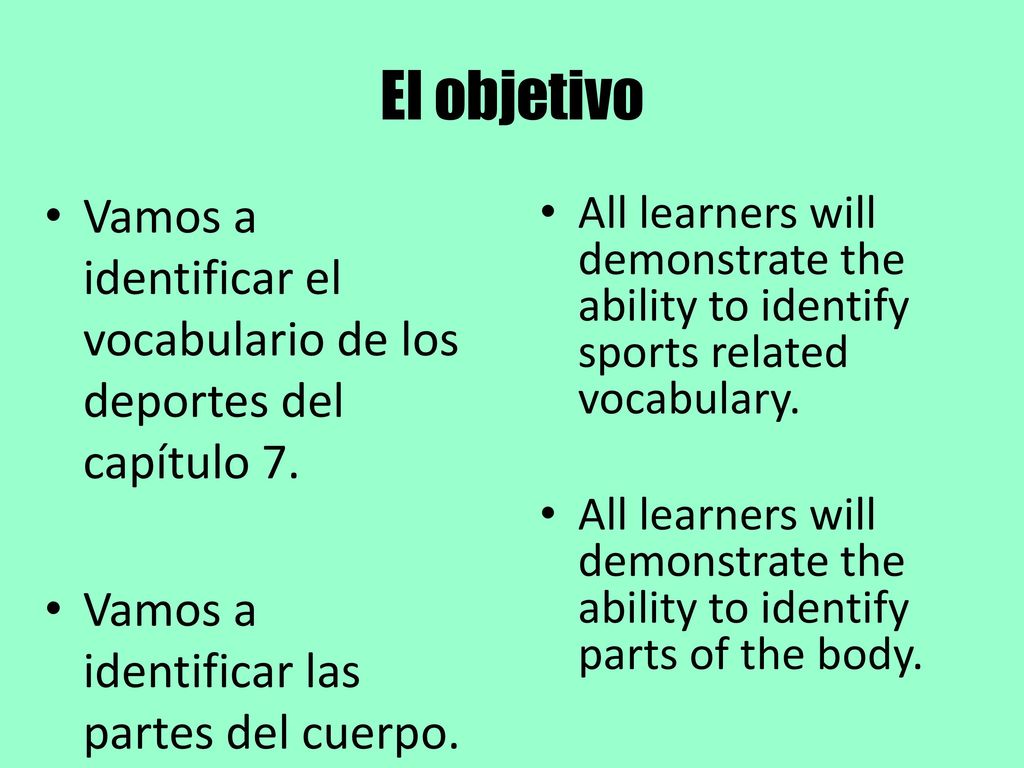 El objetivo Vamos a identificar el vocabulario de los deportes del capítulo 7. Vamos a identificar las partes del cuerpo.