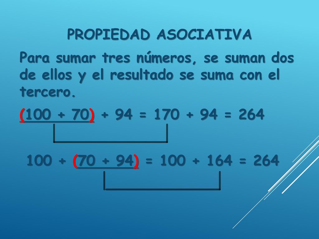 PROPIEDAD ASOCIATIVA Para sumar tres números, se suman dos de ellos y el resultado se suma con el tercero.