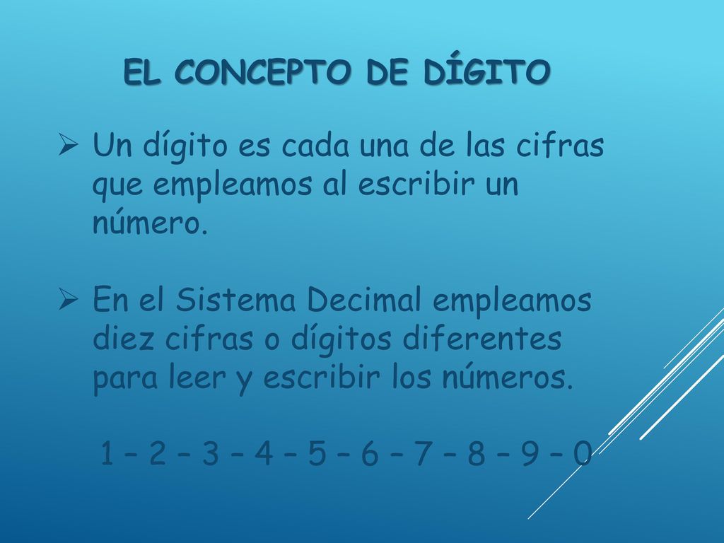 EL CONCEPTO DE DÍGITO Un dígito es cada una de las cifras que empleamos al escribir un número.