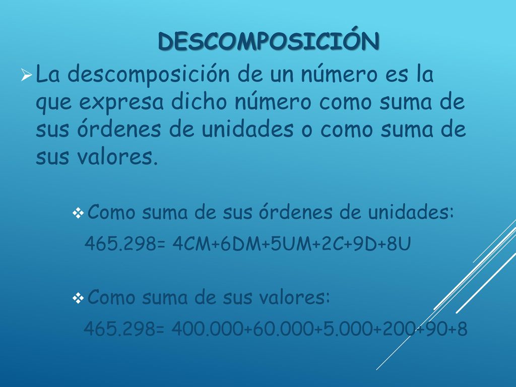 DESCOMPOSICIÓN La descomposición de un número es la que expresa dicho número como suma de sus órdenes de unidades o como suma de sus valores.