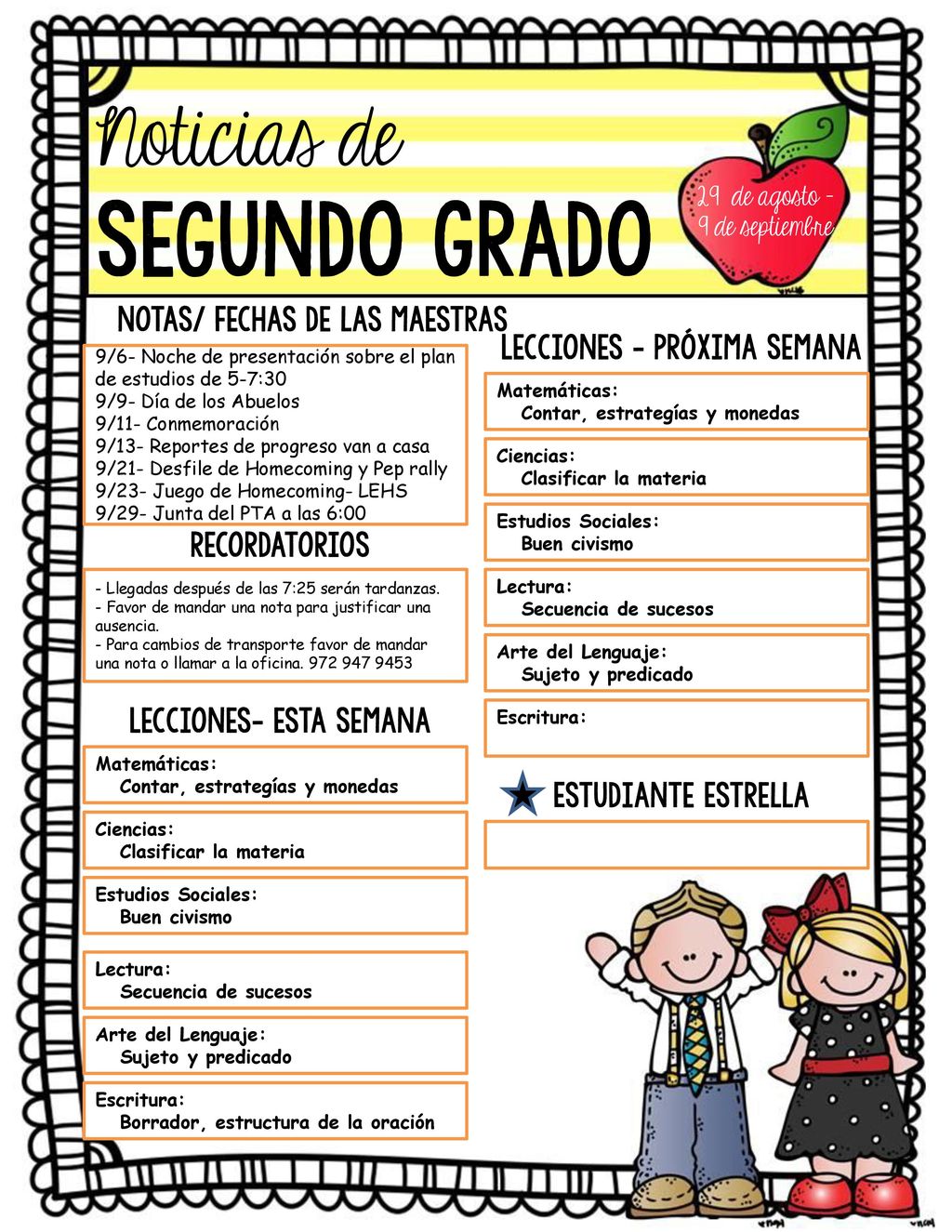 Noticias de Segundo Grado 29 de agosto - 9 de septiembre