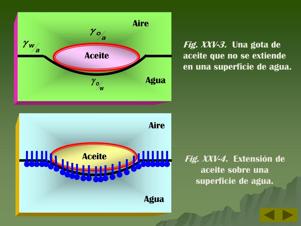 Aire Fig. XXV-3. Una gota de. aceite que no se extiende. en una superficie de agua. Aceite. Agua.