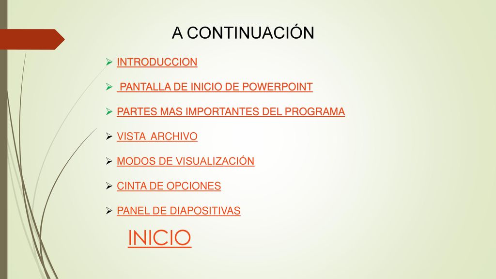 INICIO A CONTINUACIÓN INTRODUCCION PANTALLA DE INICIO DE POWERPOINT